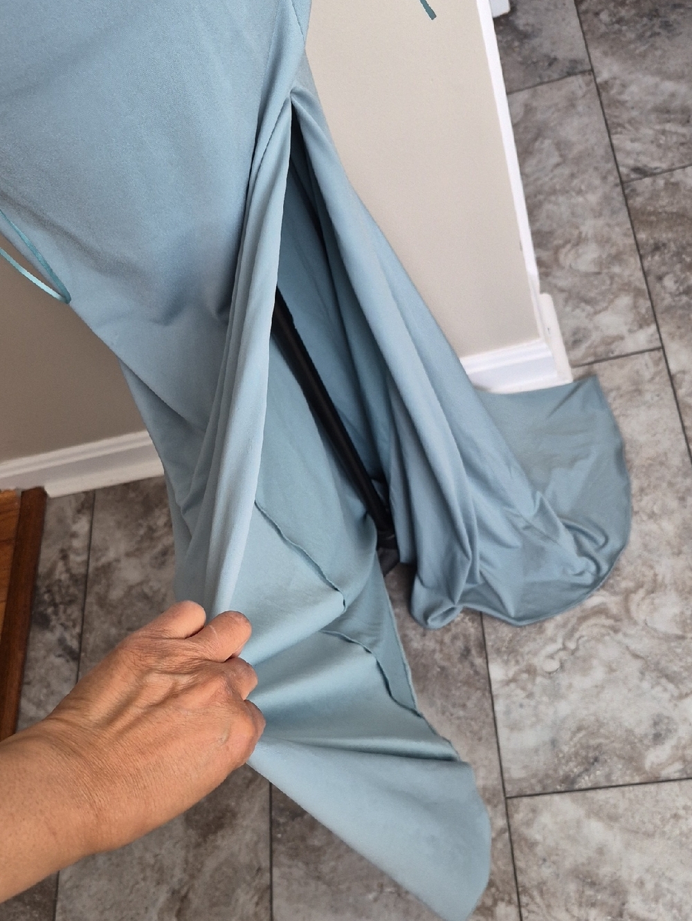 JOVANI DUSTY BLUE SIDE CUTOUT BEADED DETAIL LINED STRETCHY MERMAID FLARE DRESS - Picture 5 of 13